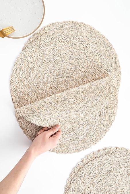15 Inch Round Braided Placemats Set of 4, Washable Heat Resistant Cotton Polyester Circle Place Mats for Kitchen Dining Table - Canvas Beige