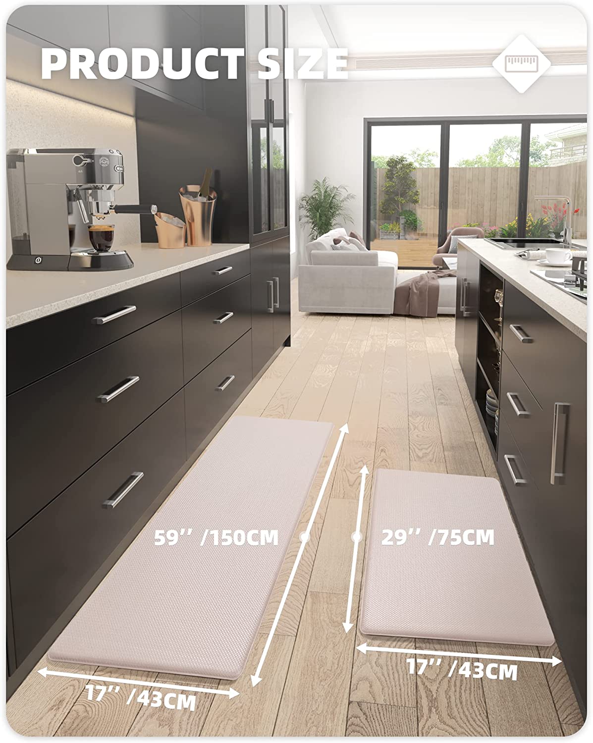 Kitchen Rugs, Set 2 Piece Kitchen Runner Rug Kitchen Floor Mat, Cushioned Anti Fatigue Kitchen Mat Non Skid Waterproof Comfort Standing Rug, 17"x29"+17"x59", Grey