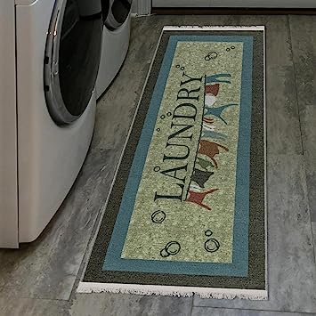 Machine Washable Wrinkle Free Text Design Laundry Room Rug Cotton 2x5 (20" x 59", Brown)
