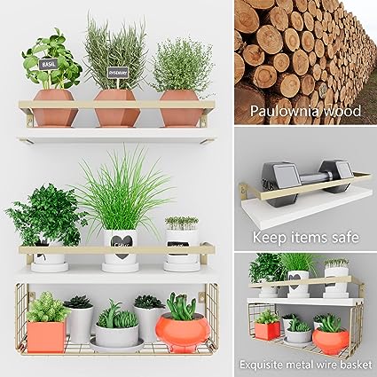 Home Decor Floating Shelves with Towel Bar/Hooks, (Gold-White)