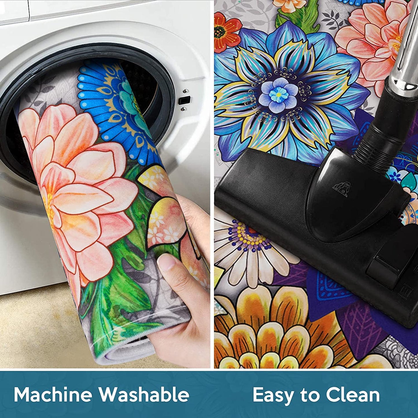 2 PCS Cushioned Floral, Flowers Anti Fatigue Kitchen Rugs - 18'' x 48'' + 18'' x 30''