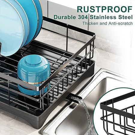 Compact Dish Rack for Kitchen Counter with Silicone Dish Drying Mat, Stainless Steel Dish Drainer for Kitchen Sink, Space Saving Plate Rack Cutlery Holder, Black