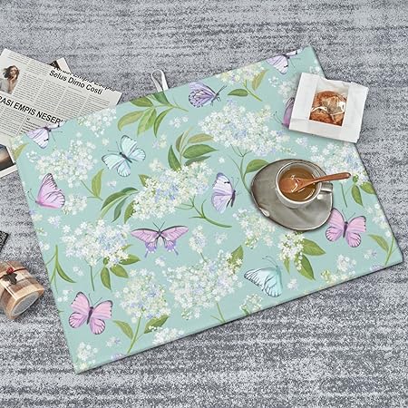Dish Drying Mat Microfiber for Kitchen Counter Blue and Green Leaves Absorbent Dish Draining Reusable Washable Extra Large 18"x24"