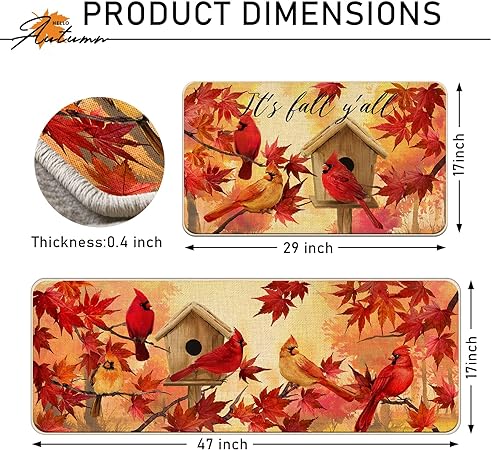 It's Fall Y'all Cardinal Red Birds Kitchen Rugs Set of 2 - 17x29 and 17x47 Inch