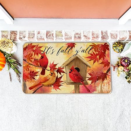 It's Fall Y'all Cardinal Red Birds Kitchen Rugs Set of 2 - 17x29 and 17x47 Inch