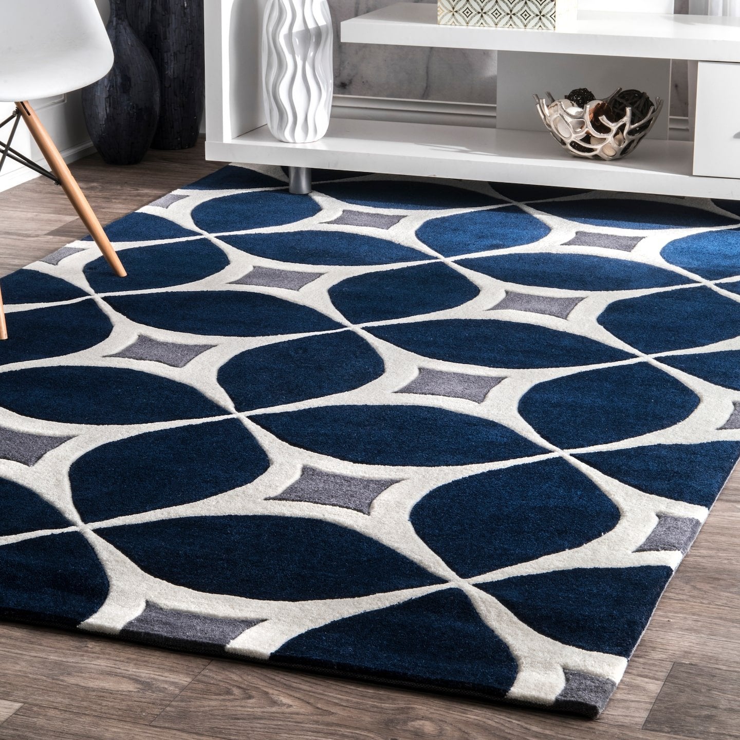 Geometric Handmade Navy Ivory Grey Area Rug