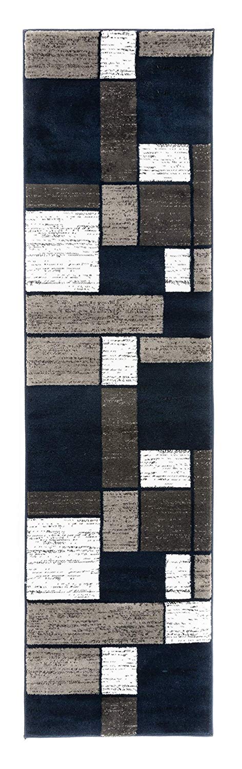 Box Pattern Navy Grey White Soft Area Rug