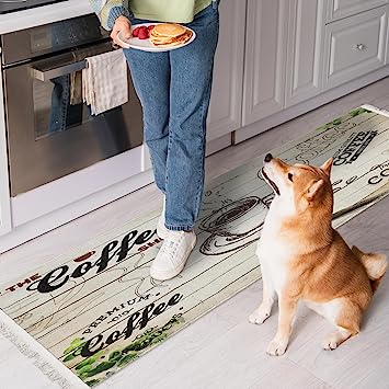 Machine Washable Wrinkle Free Coffee Cup Design Cotton 2 x 5 Kitchen Runner Rug (20" x 59", Beige)