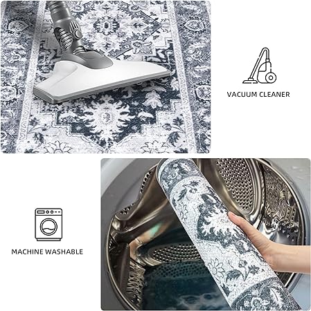 Set of 2 Non Slip Washable Absorbent Cushioned Floor Mats 17x32 + 17x48 inches, Black Gray