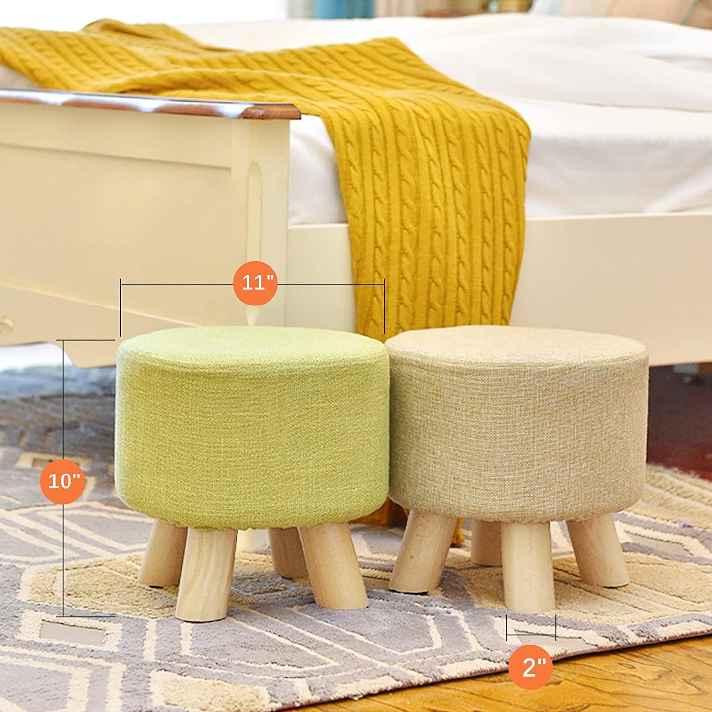 Round Ottoman Foot Rest Stool, Fabric Padded Seat with Non-Skid Wooden Legs and Removable Cover