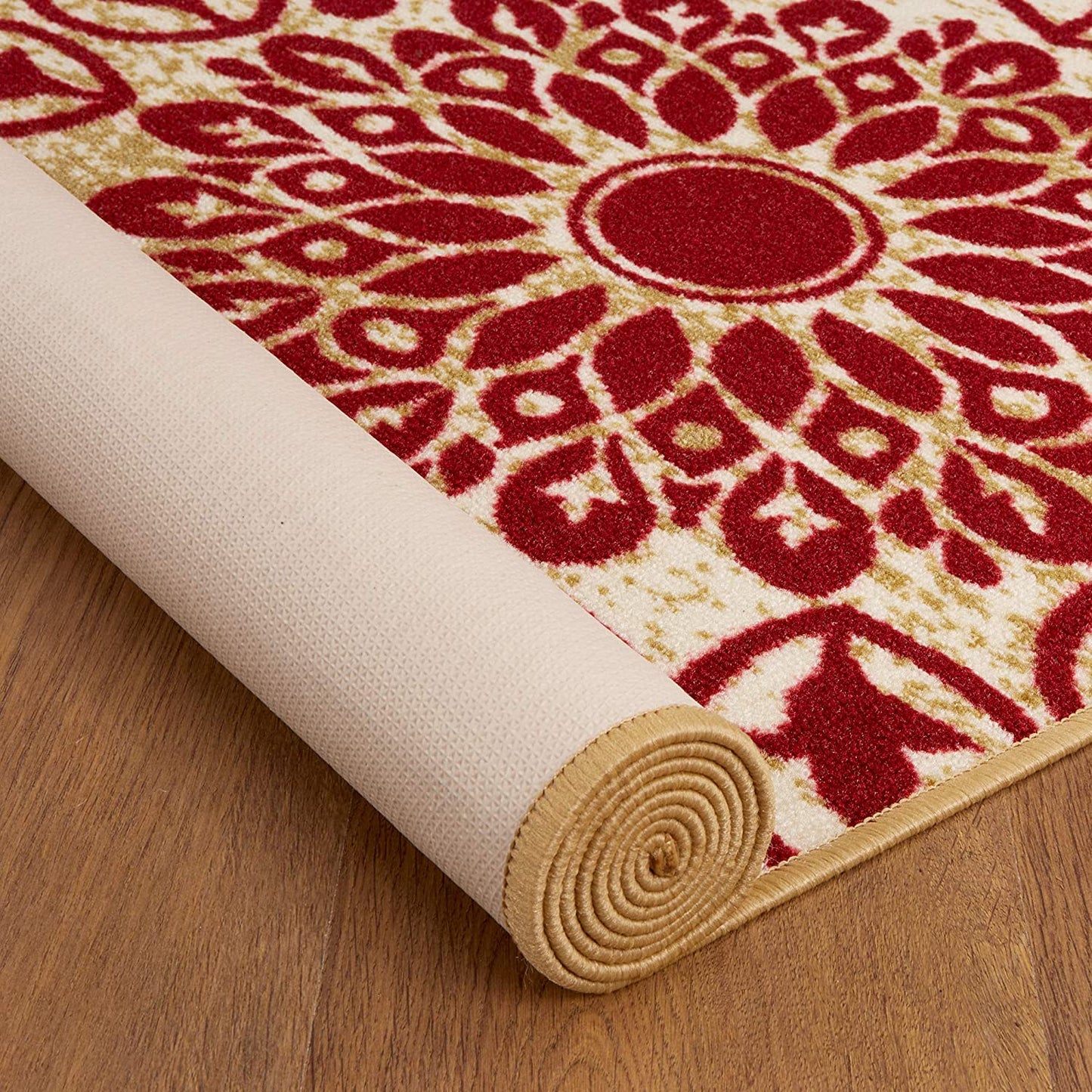 Modern Floral Non-Skid (Non-Slip) Low Profile Pile Rubber Backing Indoor Area Rugs Beige