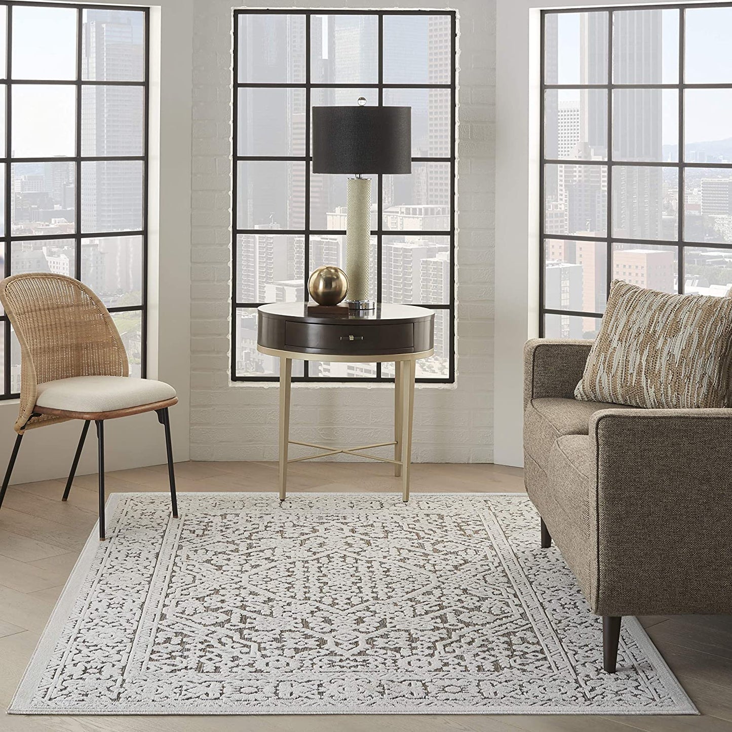 Calobra Indoor/Outdoor Geometric Border Area Rug, Beige