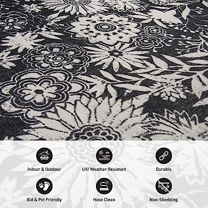 MajorcaContemporary Floral Flowers Non-Shedding Outdoor Rugs - 2' x 7' (Gray)