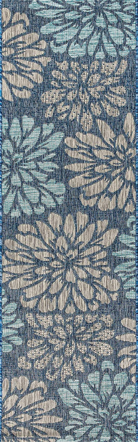 Zinnia Modern Floral Textured Weave Indoor/Outdoor Area Rug Navy/Aqua