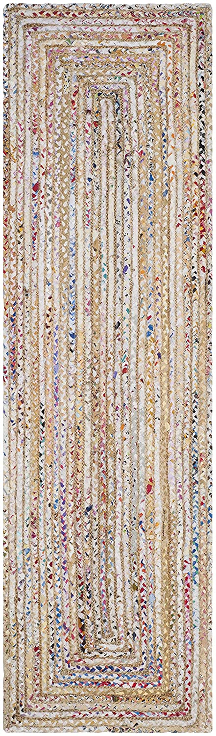 Handmade Boho Braided Jute Cotton Area Rug, Beige / Multi