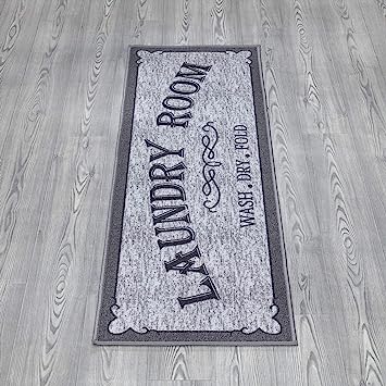 Machine Washable Checkered Border Laundry Room Rug Non-Slip Rubberback 2x3 Laundry Area Rug