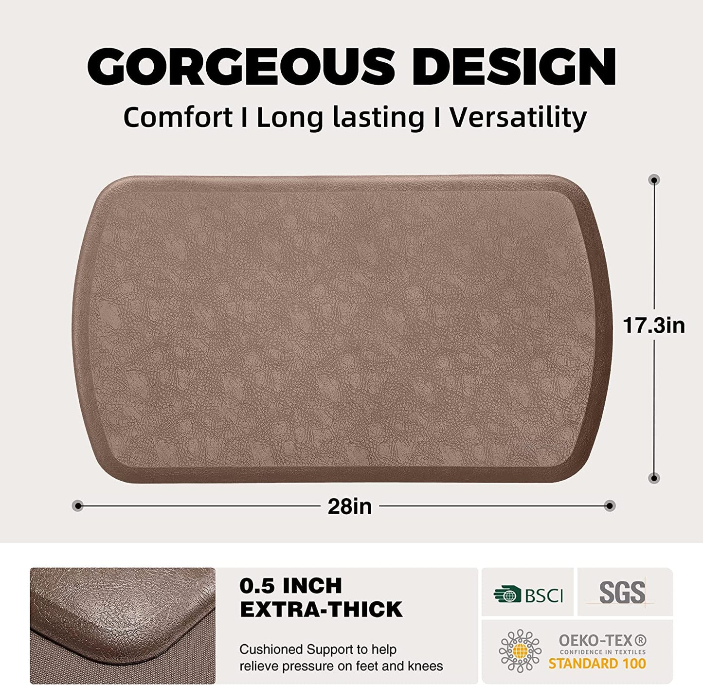 1/2 Inch Thick Cushioned Anti Fatigue Waterproof Kitchen Rug,17.3"x28"- Black