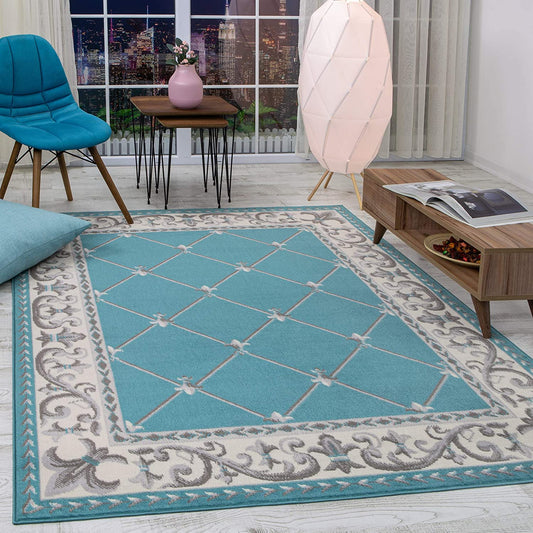 Kashan King Collection Checkered Area Rug Blue and Beige