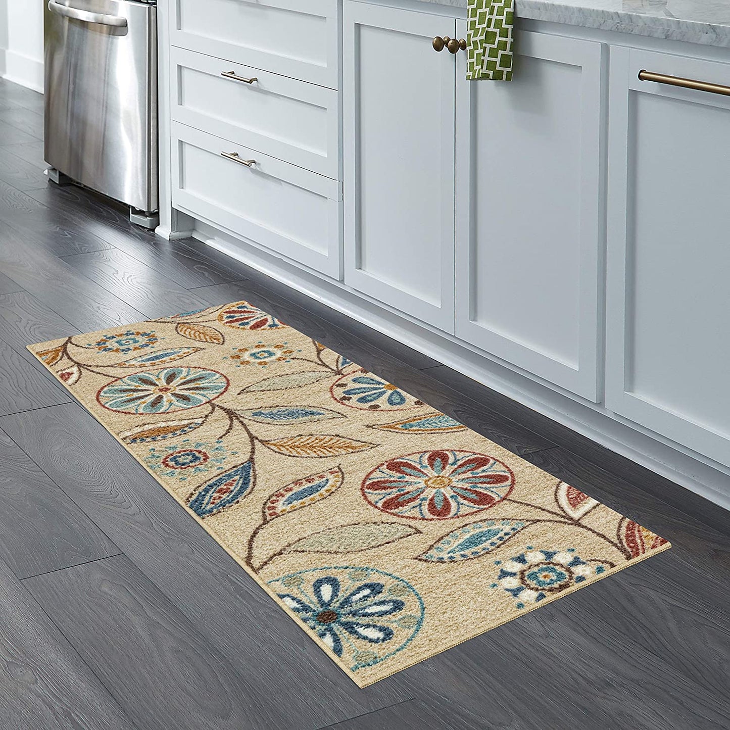 Maples Floral Non Skid Washable Beige Multi Area Rug