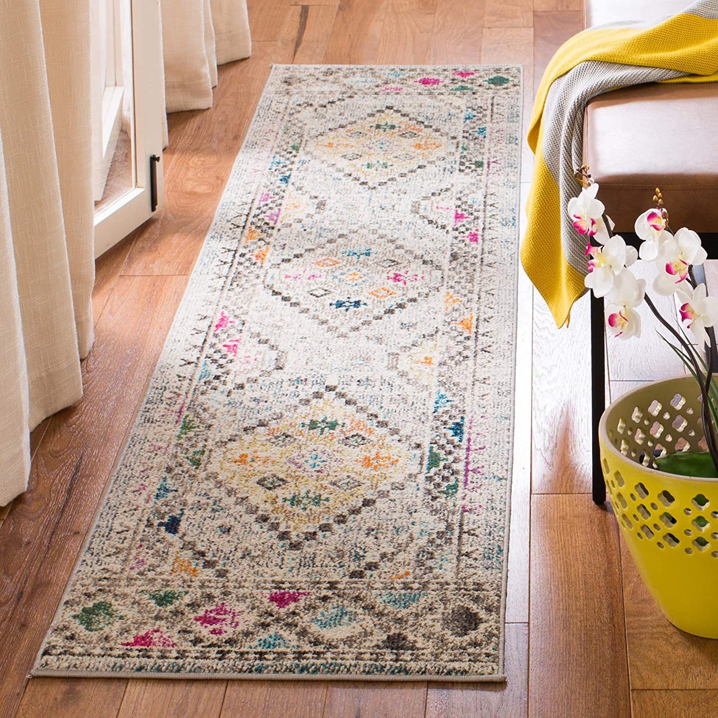 Boho Diamond Distressed Area Rug, Grey/Yellow