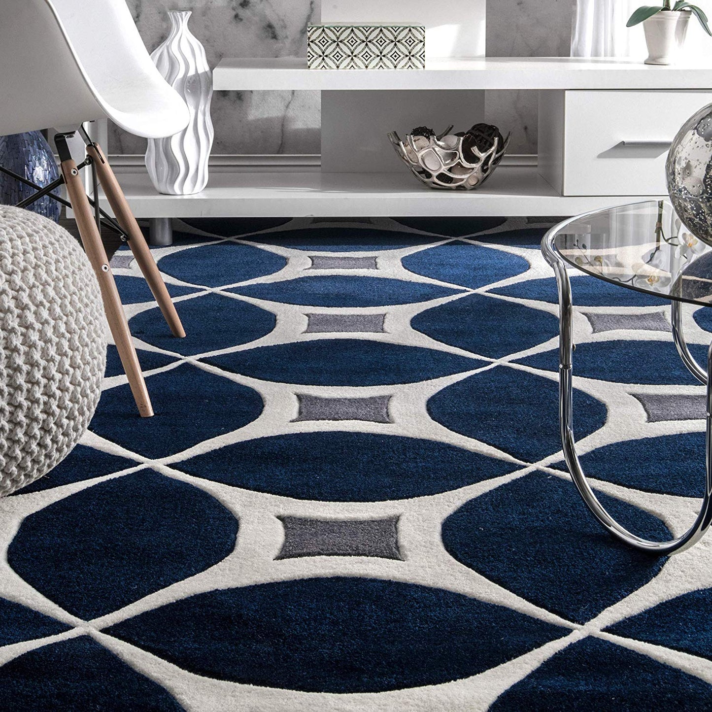 Geometric Handmade Navy Ivory Grey Area Rug