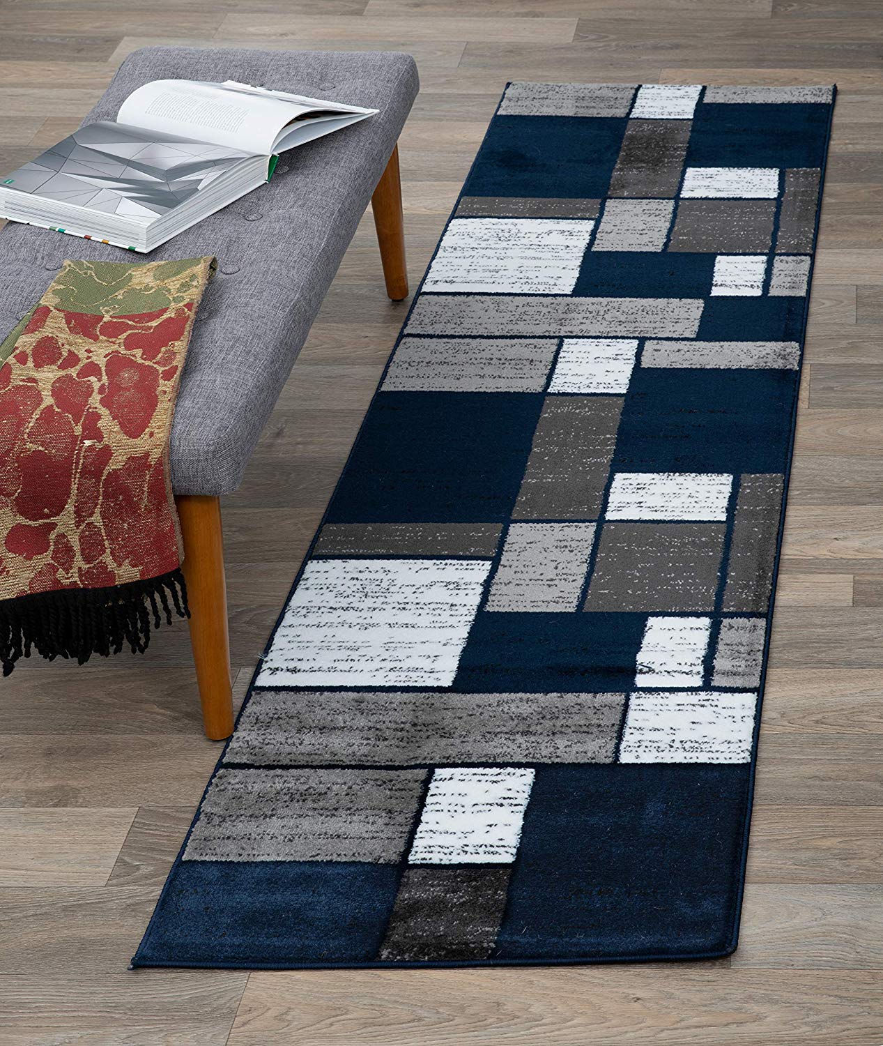 Box Pattern Navy Grey White Soft Area Rug