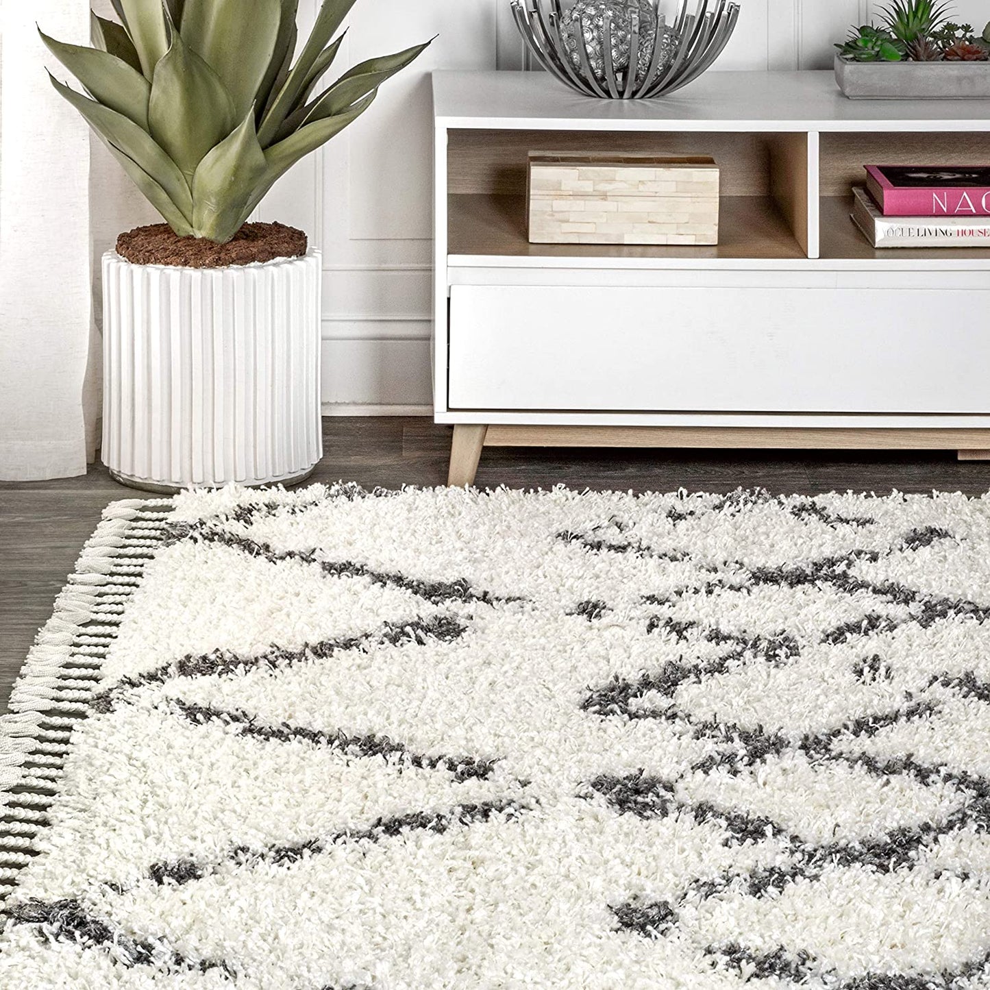 Mercer Plush Tassel Moroccan Tribal Geometric Trellis Cream/Grey Shag Area Rug