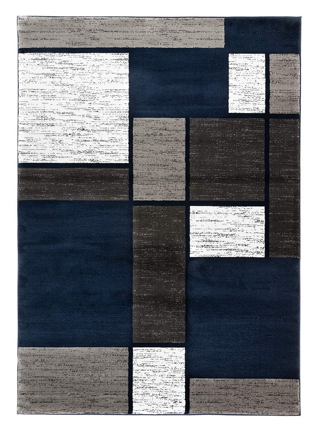 Box Pattern Navy Grey White Soft Area Rug