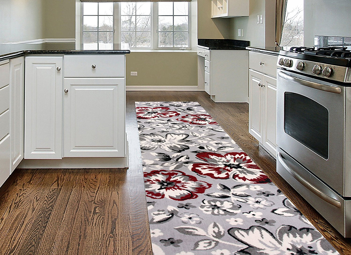 Gray/Grey Red White Floral Area Rugs
