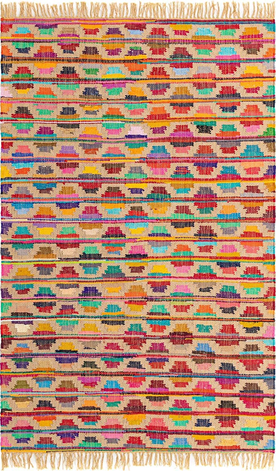 Cotton Trellis Collection Modern Geometric Bright Colors Multi/Beige Area Rug