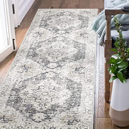 Indoor Floor Print Distressed Carpet Gray Multi Thin Area Rug