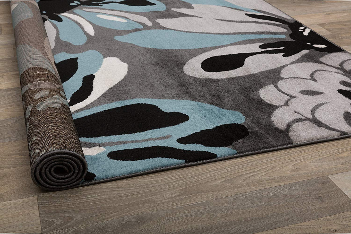 Floral Gray Black Blue Area Rug