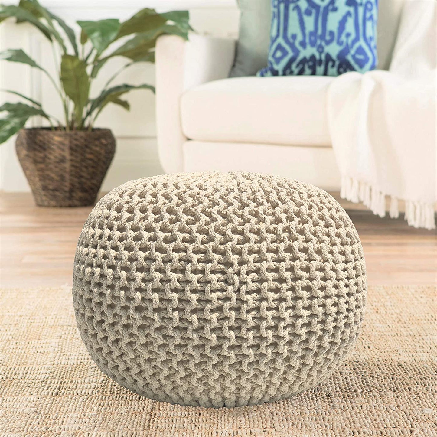 Ottoman Hand Knitted Cable Style Dori Pouf - Macramé Pouf - Cotton Braid Cord