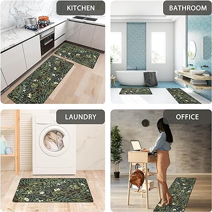 Black Green Botanical Kitchen Rugs Set of 2 2/5" Thick Leather Carpet for Laundry Office Sink(17.3" x28" + 17.3" x 47"