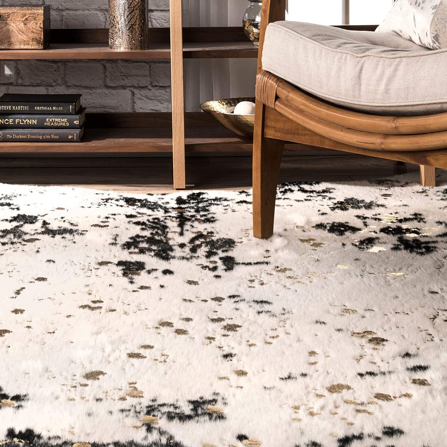 Faux Cowhide Shaped Soft Black Ivory Area Rug