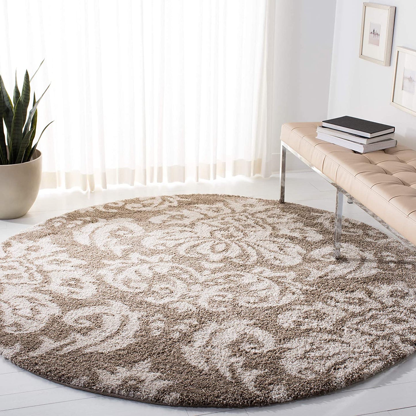 Damask Plush 1.2-inch Thick Area Shag Rug, Beige / Cream