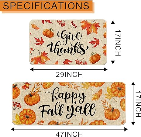 2 Pack Non Skid Washable Fall Kitchen Mats, Size of 17x29 and 17x47 Inch
