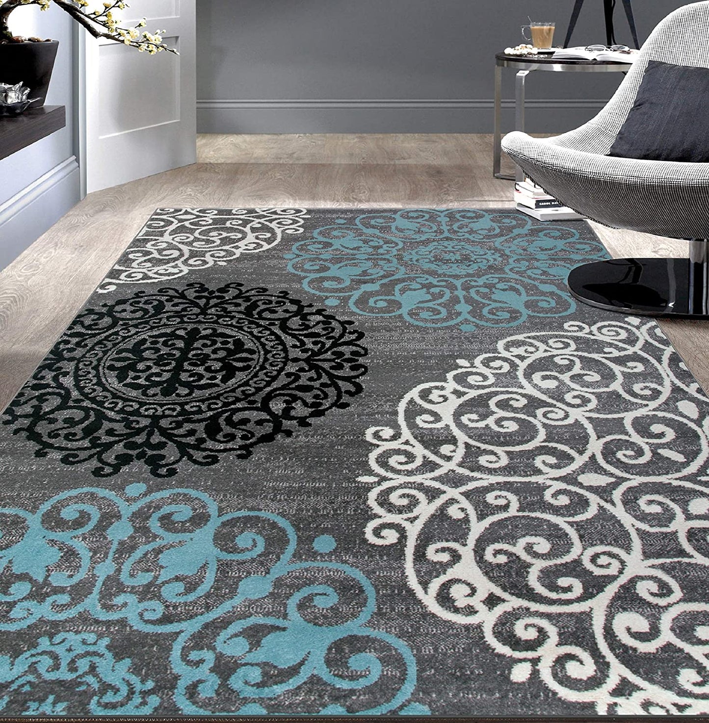Contemporary Modern Floral Area Rug Black