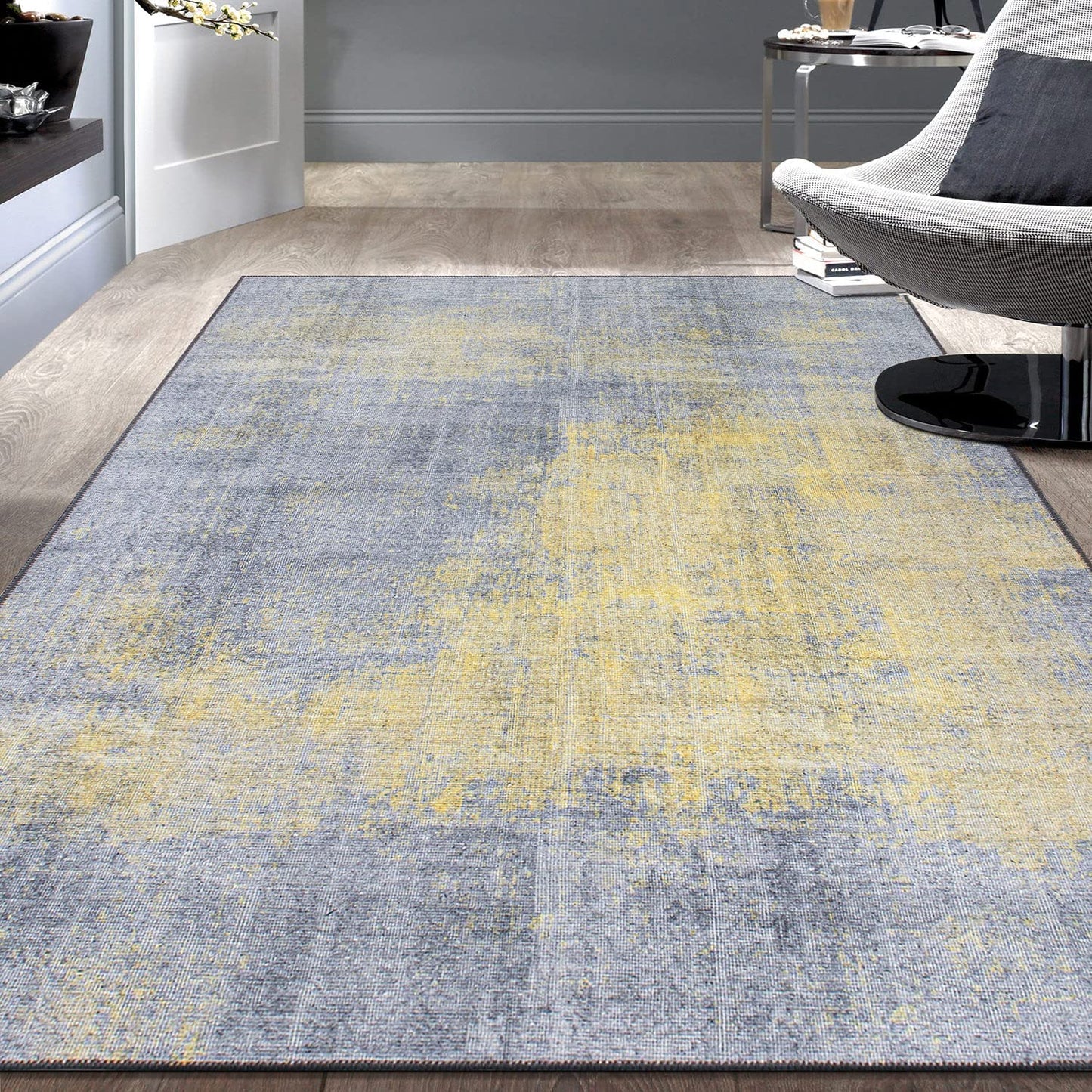 Contemporary Abstract Stain Resistant Flat Weave Eco Friendly Premium Recycled Machine Washable Area Rug 5'x7' Yellow