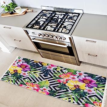 Machine Washable Wrinkle Free Coffee Cup Design Cotton 2 x 5 Kitchen Runner Rug (20" x 59", Beige)