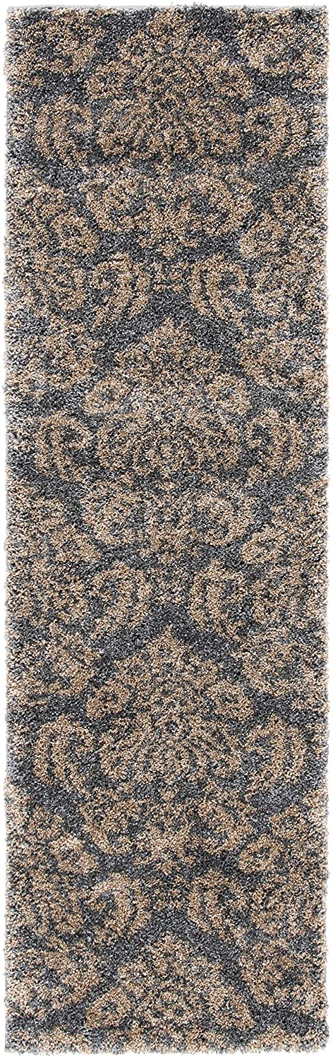 Damask Plush 1.2-inch Thick Shag Area Rug, Grey / Beige