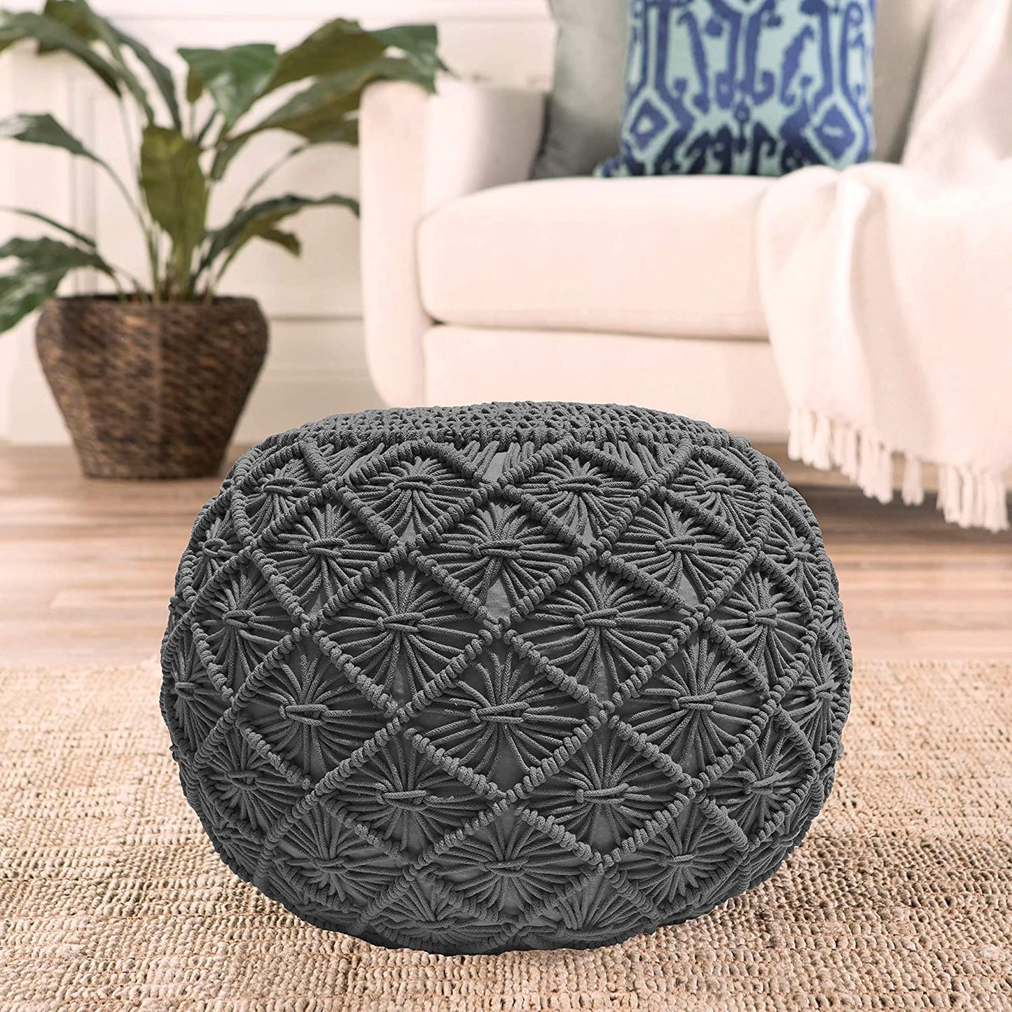 Ottoman Hand Knitted Cable Style Dori Pouf - Macramé Pouf - Cotton Braid Cord