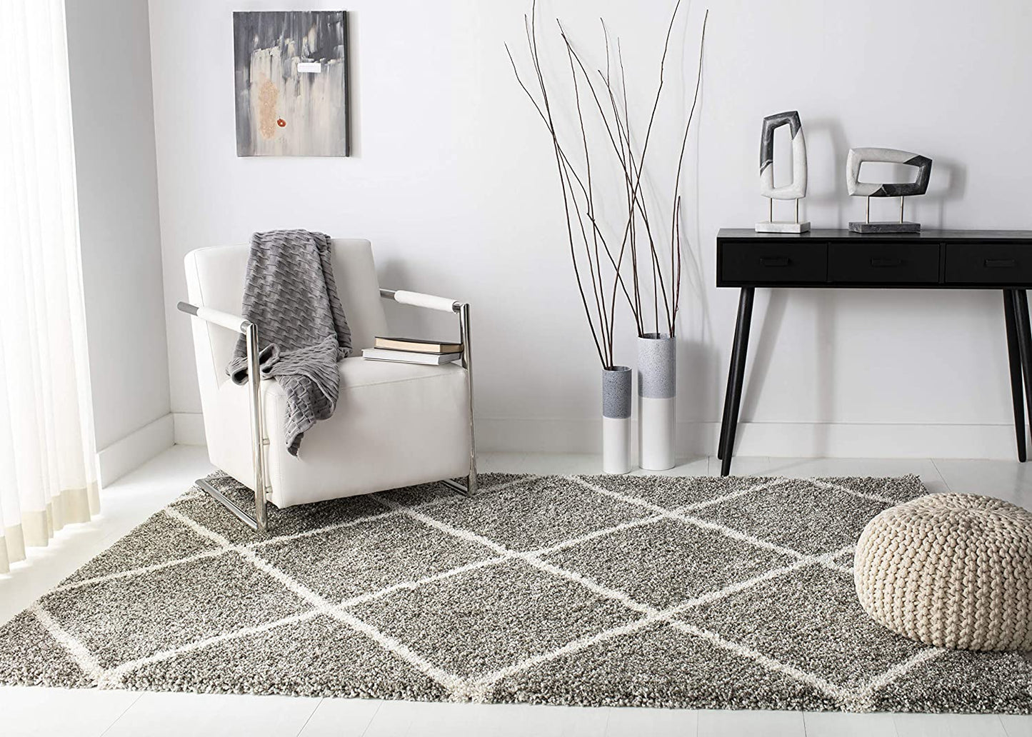 Diamond Trellis Grey/Ivory Soft Plush Area Rug 2-inch Thick
