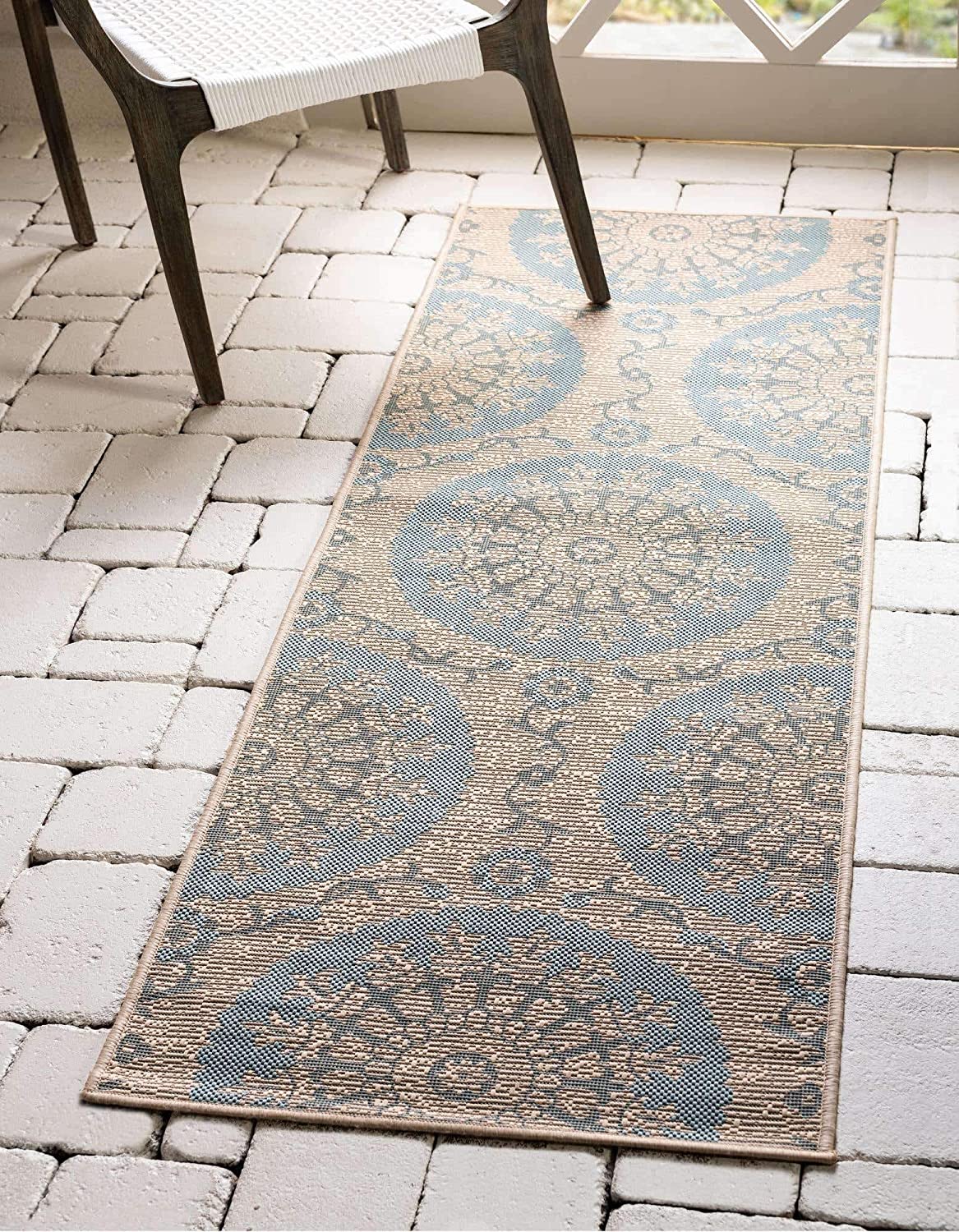 Floral Abstract Transitional Indoor Outdoor Flatweave Light Blue/ Beige Area Rug