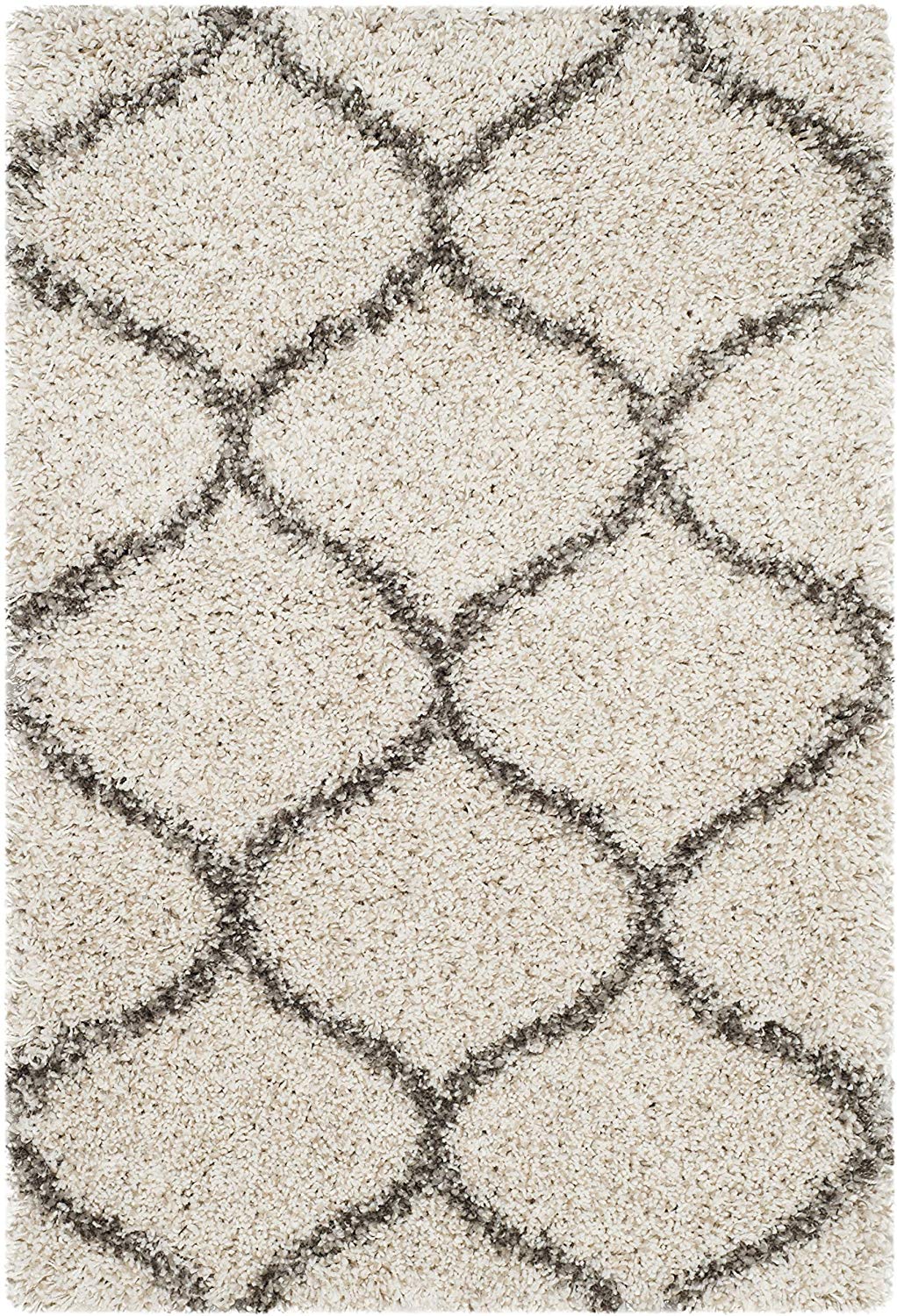 Moroccan Pattern Ivory Grey Plush Shag Area Rug