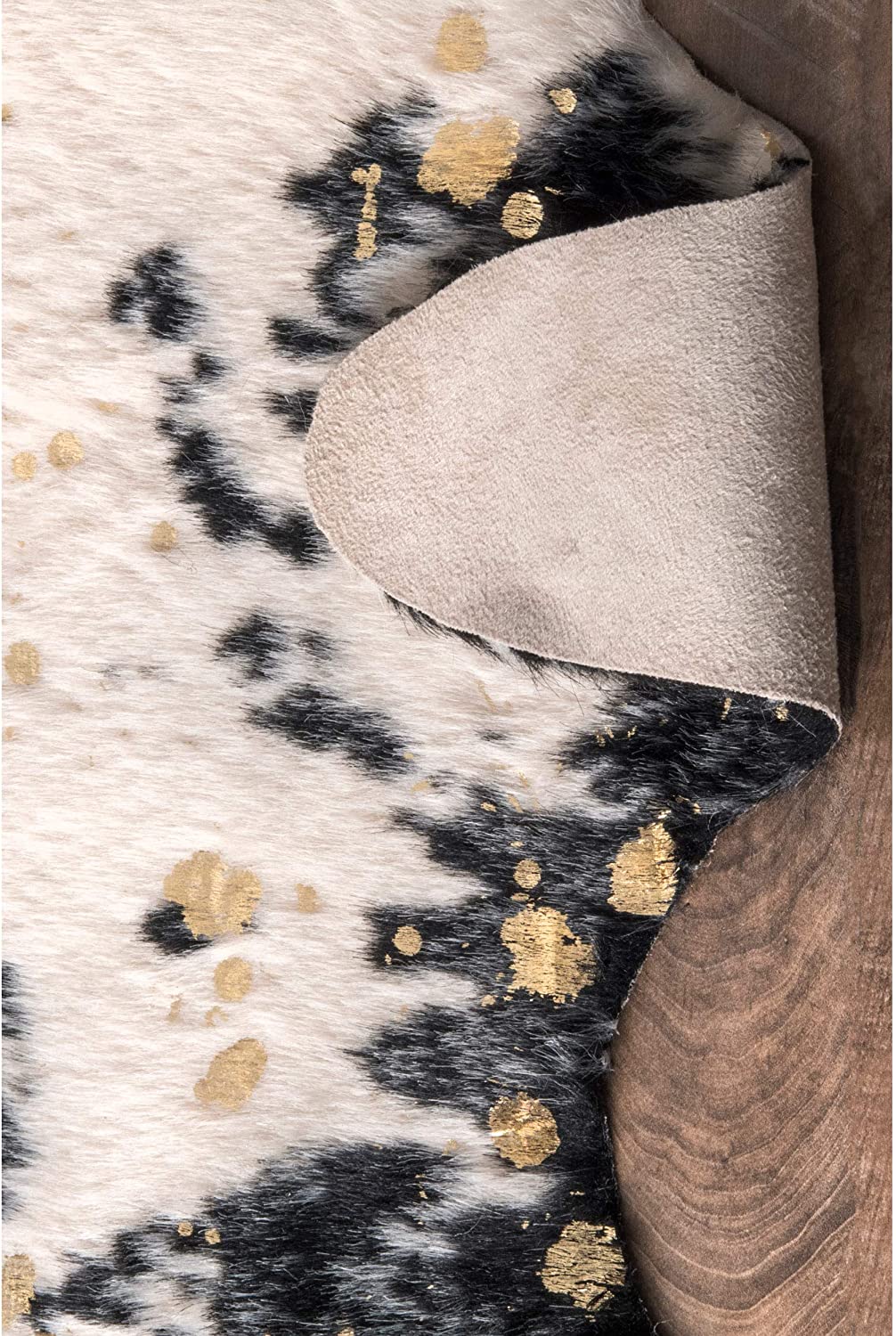 Faux Cowhide Shaped Soft Black Ivory Area Rug