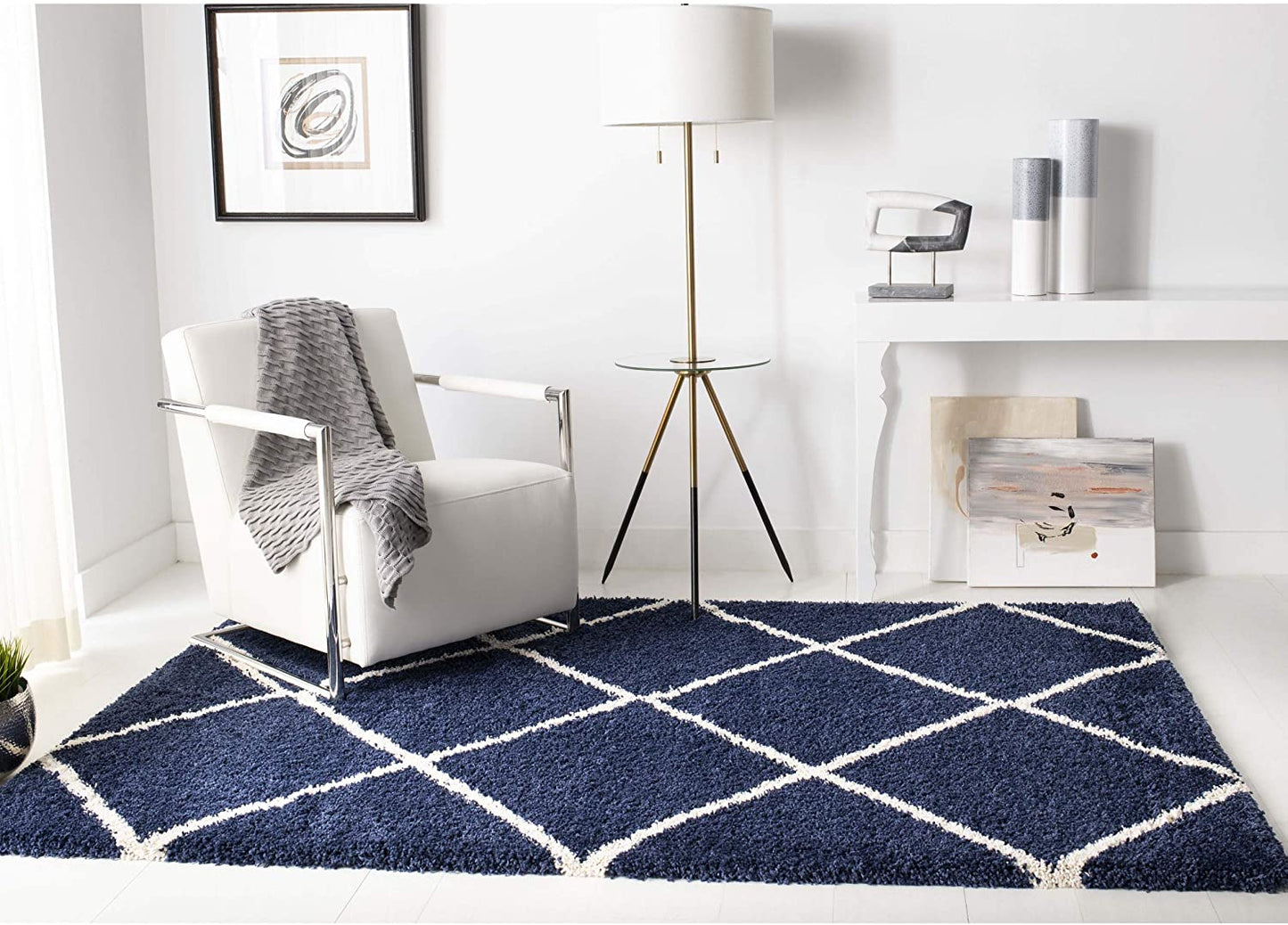 Diamond Trellis Navy/Ivory Soft Plush Shag Area Rug 2-inch Thick