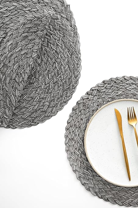 15 Inch Round Braided Placemats Set of 4, Washable Heat Resistant Cotton Polyester Circle Place Mats for Kitchen Dining Table - Canvas Beige
