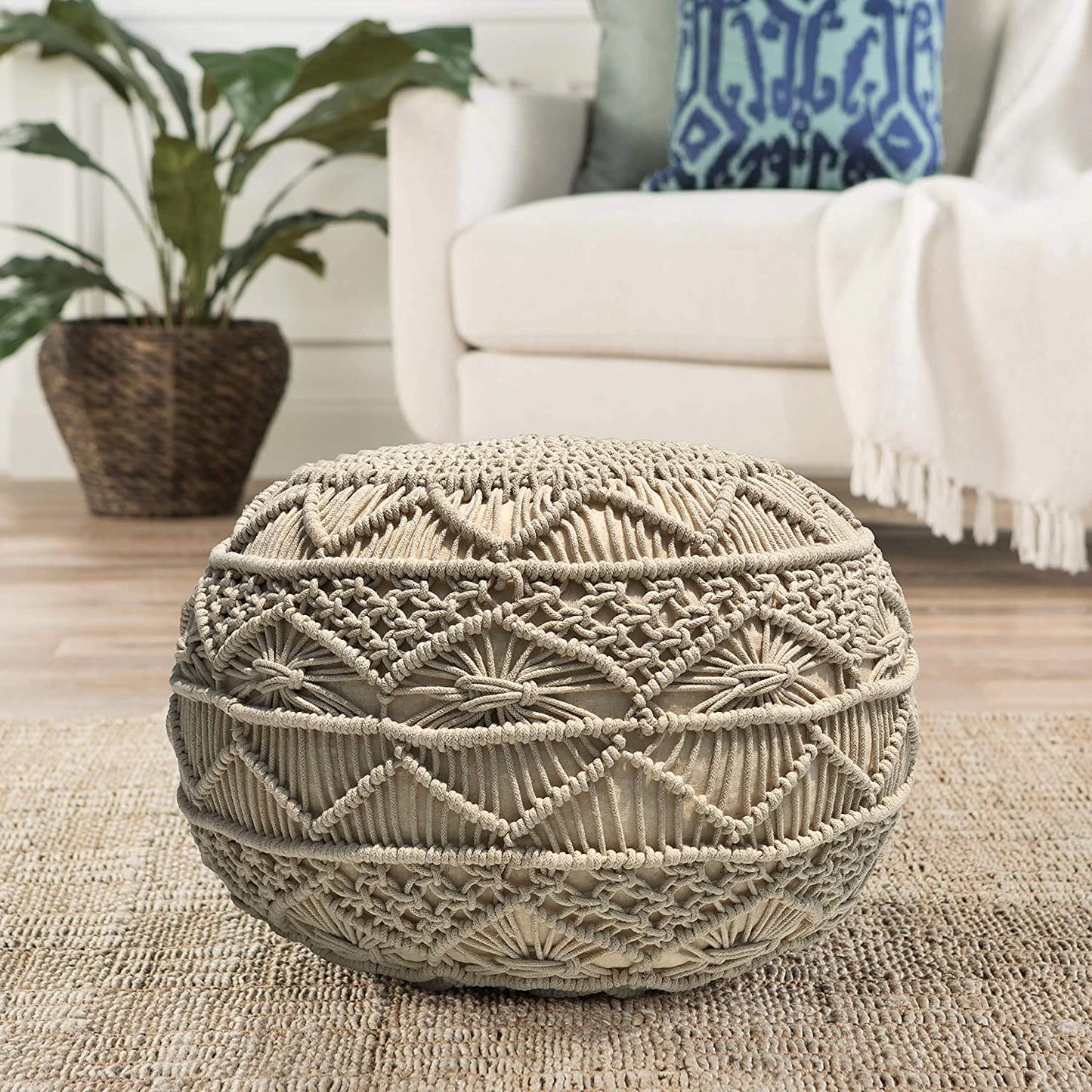 Ottoman Hand Knitted Cable Style Dori Pouf - Macramé Pouf - Cotton Braid Cord