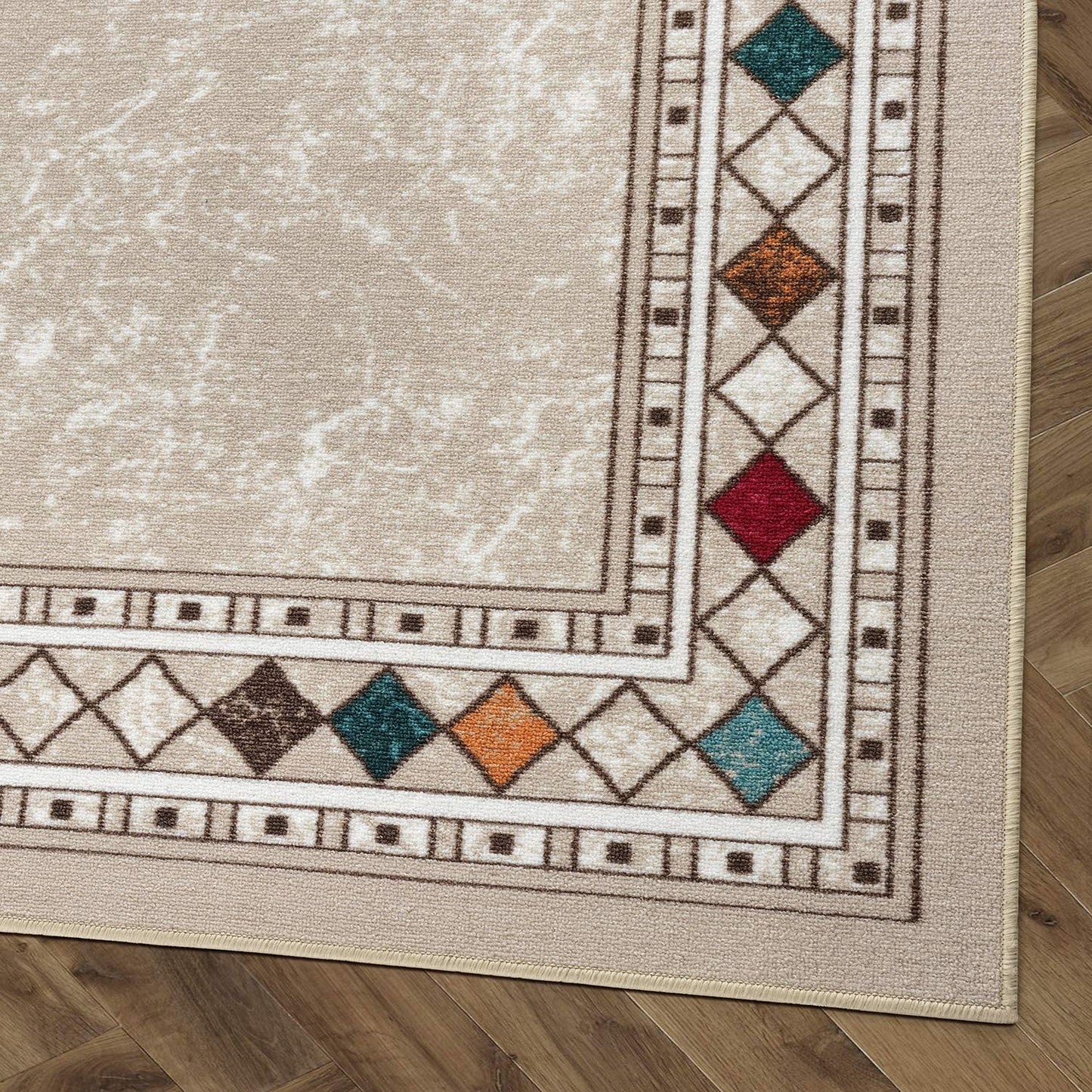 Bordered Non-Skid Low Profile Pile Rubber Backing Kitchen Area Rugs Beige